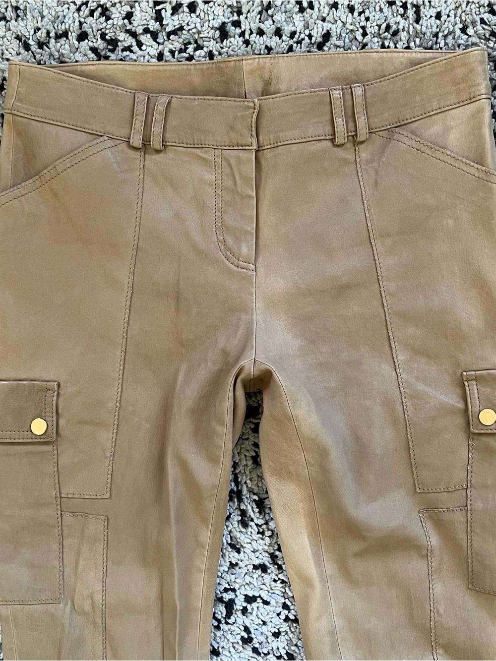 Tory Burch Leather Pants Distressed Tan Cargo Pockets Women’s Size 10 - Picture 4 of 16